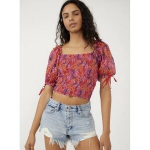 Free People Back On Crop Top Smocked M Floral Balloon Sleeve 272995 Fairy Boho
